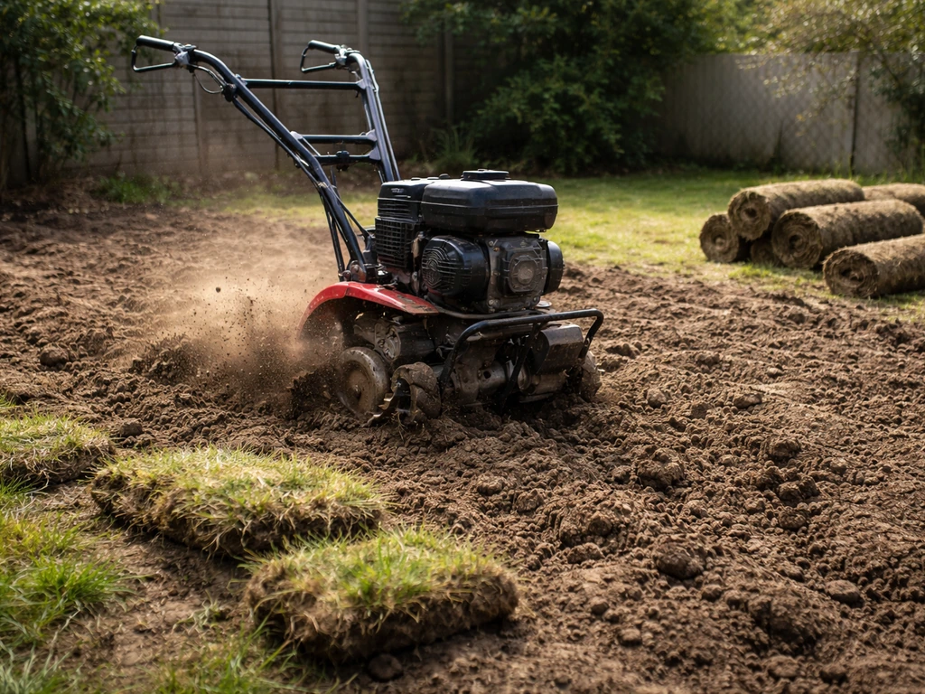 Grondfrees in een tuin die oude grasmat opbreekt, met aarde op de bodem en afgevoerde zoden klaar.
