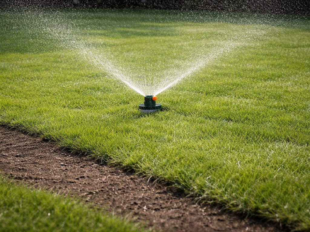 Jonge graszoden worden gelijkmatig besproeid met een sproeier in een tuin tijdens de nazorg.