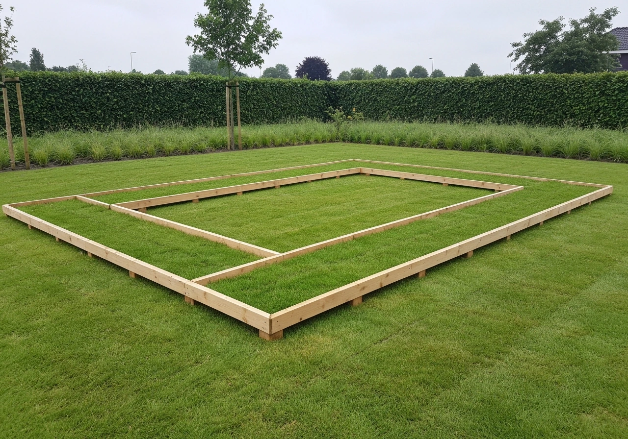 Houten vlonder op gras met zicht op opbouw en nette afwatering in een rustige tuin.