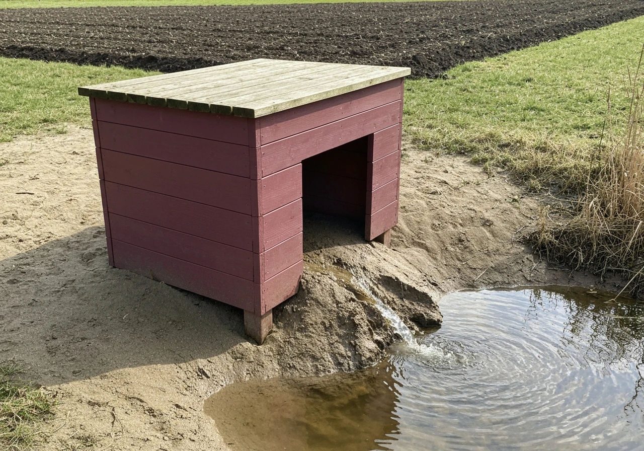 Houten vlonder op droge zandgrond met goede afwatering, duidelijke droge en natte plekken naast elkaar