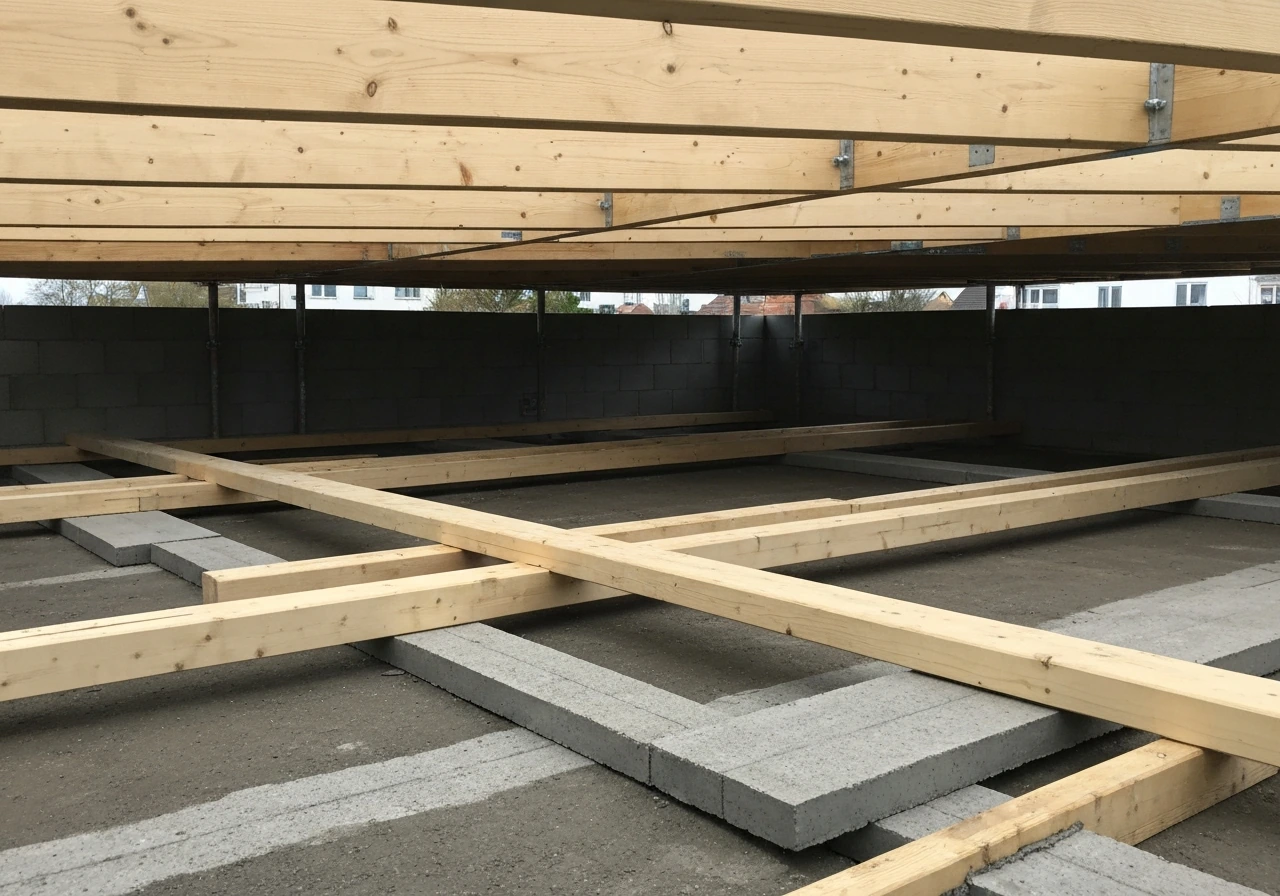 Houten liggers op betonpoeren met open ruimte ertussen, zodat het hout niet op grond of worteldoek rust.