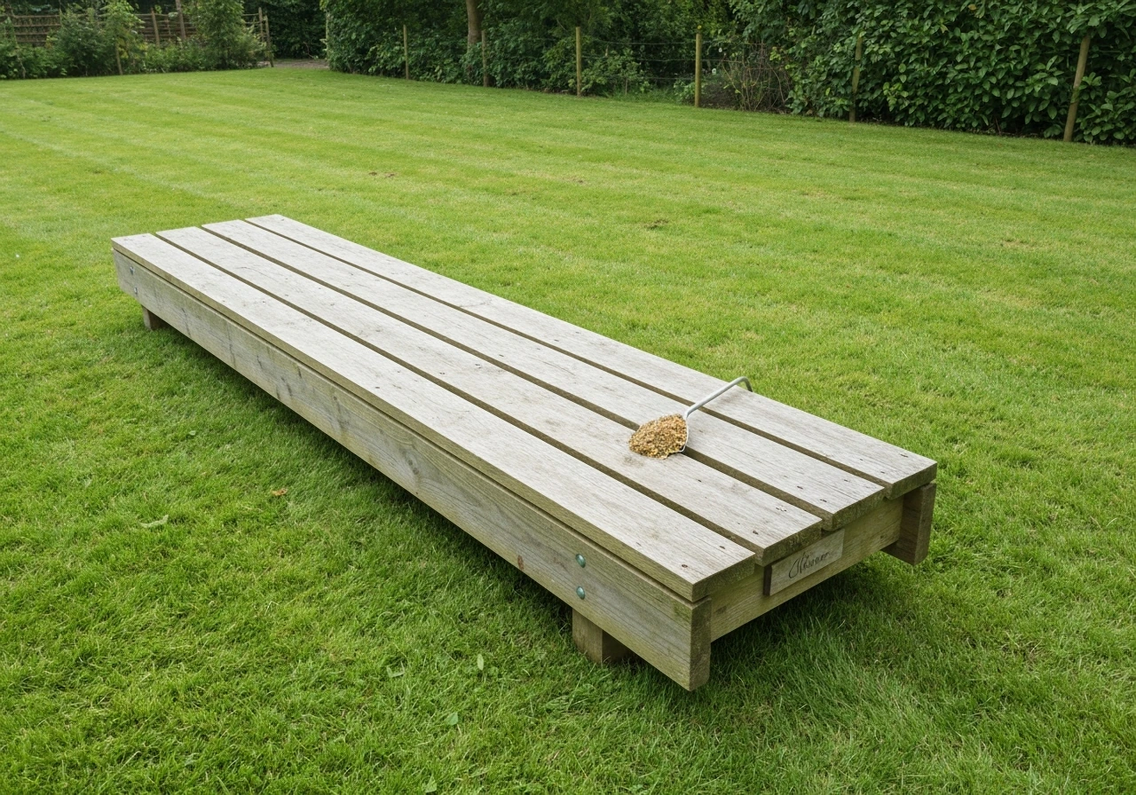 Volwassen persoon veegt een houten vlonder op gras, met zichtbare vuilresten in de plankspleten.