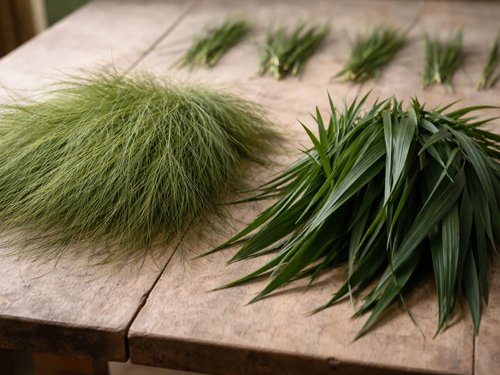 Close-up van verschillende grassoorten en bladstructuren op een houten tafel, textuur duidelijk zichtbaar.