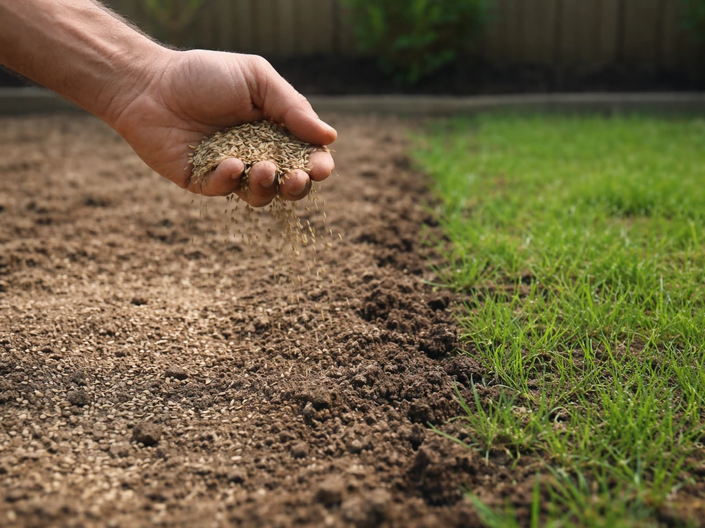 Hand die graszaad uitstrooit op voorbereide grond, met frisse kiemgroei en donkerdere gevestigde plekken.