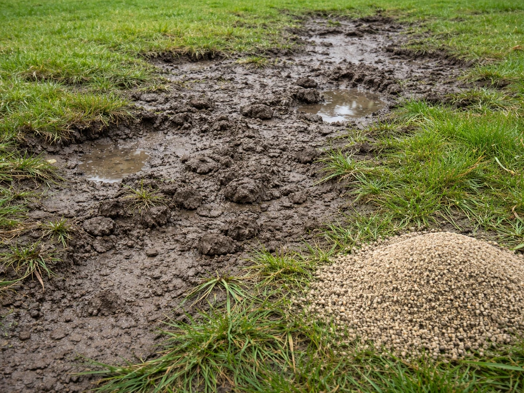 Beschadigde grasmat met kale plekken in natte, zware kleigrond, klaar voor bijzaaien of herstelmengsel.