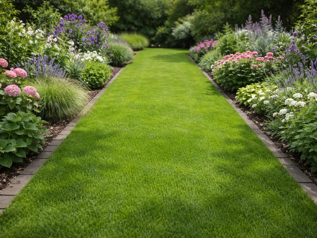 Tuinperceel met dichte grasmat tussen borders, zichtbaar als bodembedekker met zoninval