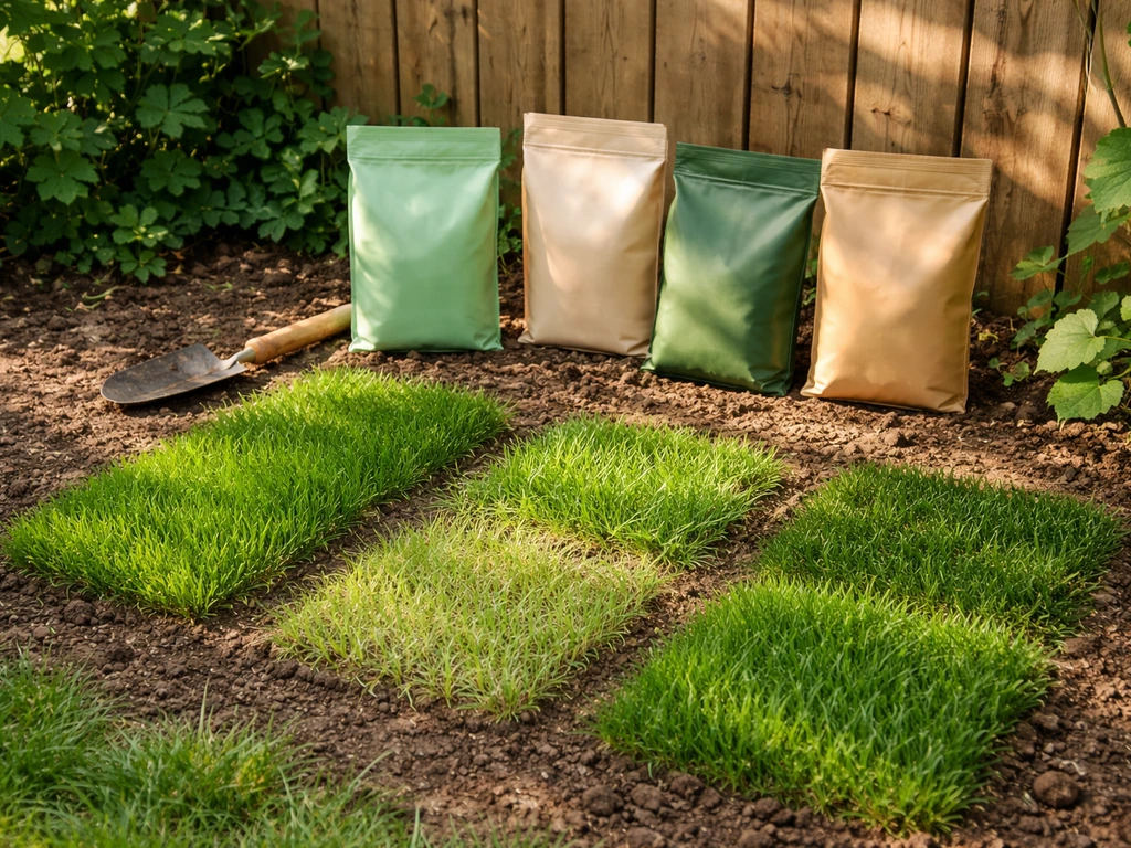 Minimalistische tuinopstelling met meerdere grasvarianten in vakjes, graszaadzakjes en schep bij natuurlijk licht.