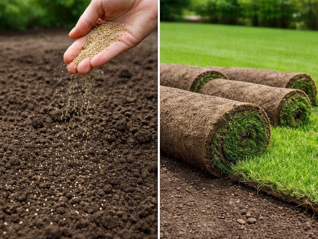Links graszaad op aarde en een zaai- of handbakje, rechts opgerolde graszoden die klaar zijn om uit te rollen.