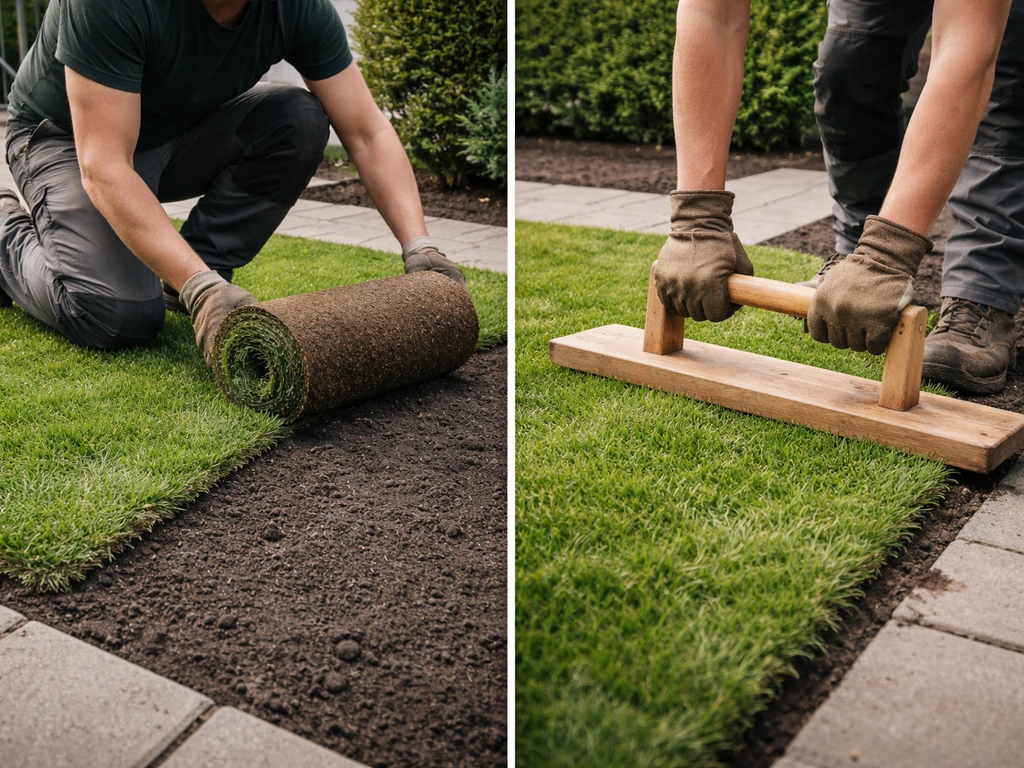 Werkershand rolt graszoden uit en wals met een plank/aanstampbord voor een strak resultaat.