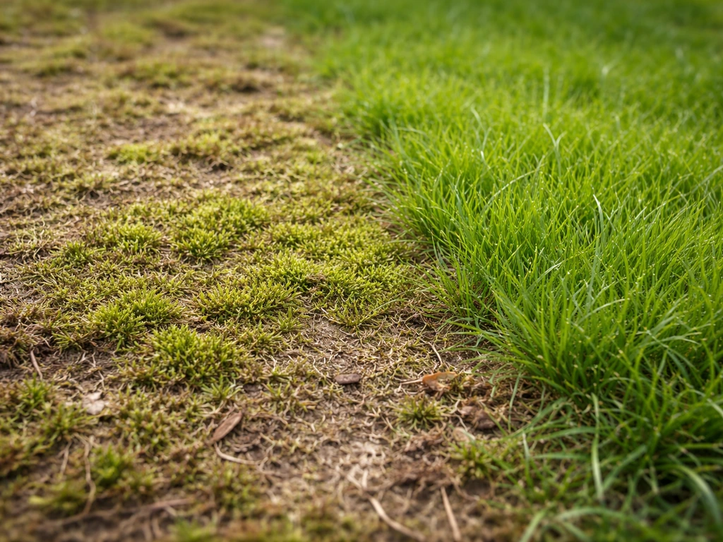 Mosachtige plek in een grasmat met daarnaast dichte, herstellende graspol in natuurlijk licht.