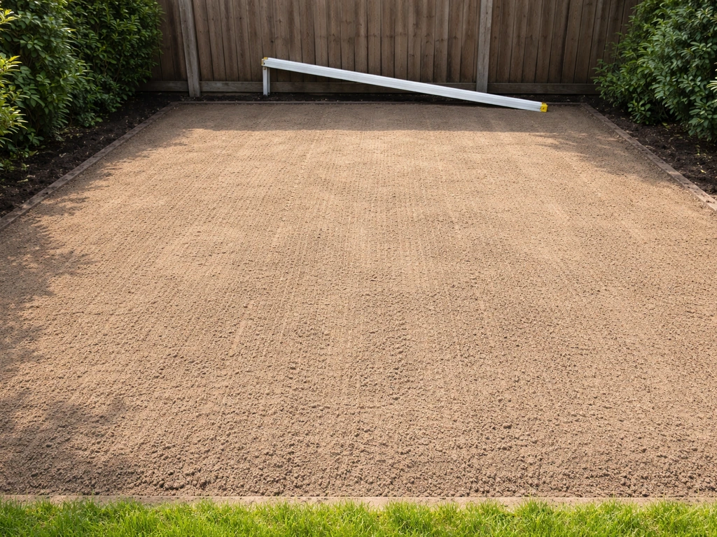 Bovenaanzicht van een vlak geëgaliseerd tuinperceel met gras in wording en een meetlat/afschotlat op de achtergrond.