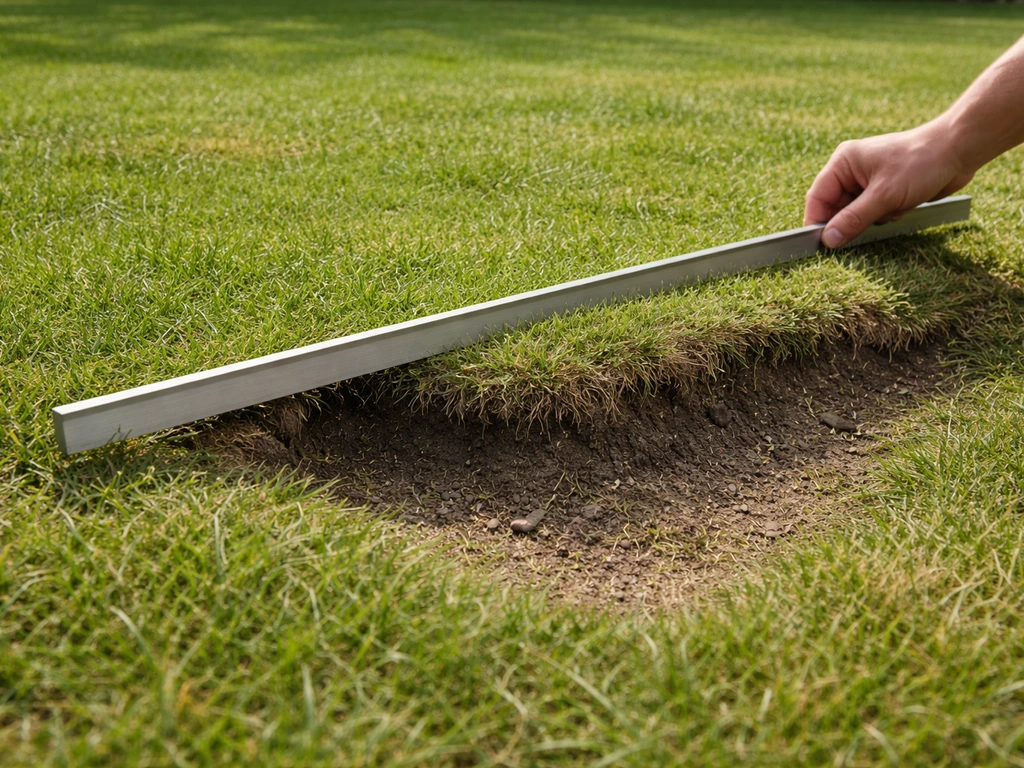 Voortuin met kuilen en bulten; meetlat/liniaal toont hoogteverschil op ongelijk gazon.