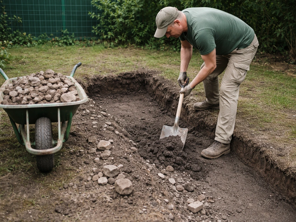Anonieme tuinman graaft een strook uit en schept puin weg met schep en kruiwagen, schone onderlaag zichtbaar.