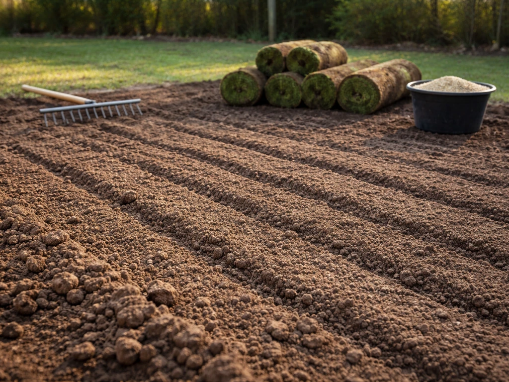 Tuinperceel met losgemaakte toplaag en hark, met klaar liggende graszoden en zaadmengselzak op achtergrond
