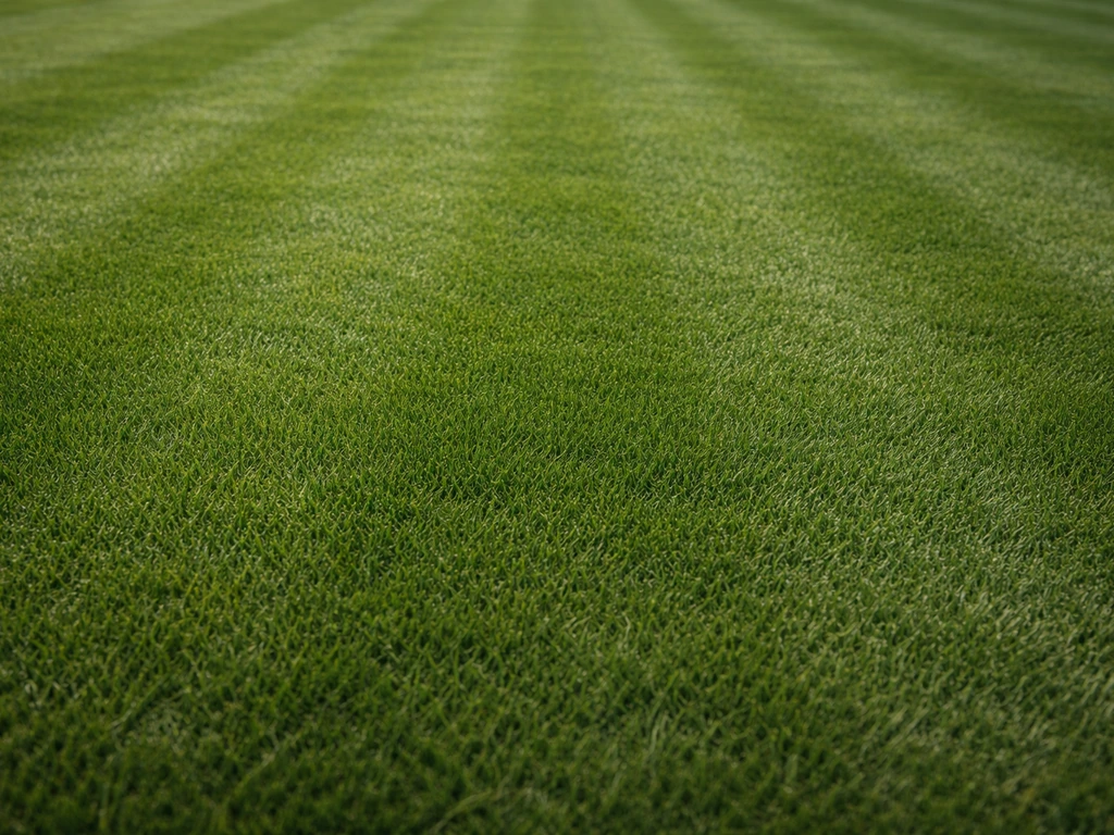 Close-up van strak, dicht Wimbledon-achtig echt gras met egale donkere kleur en nette maaibeeld-lijnen.