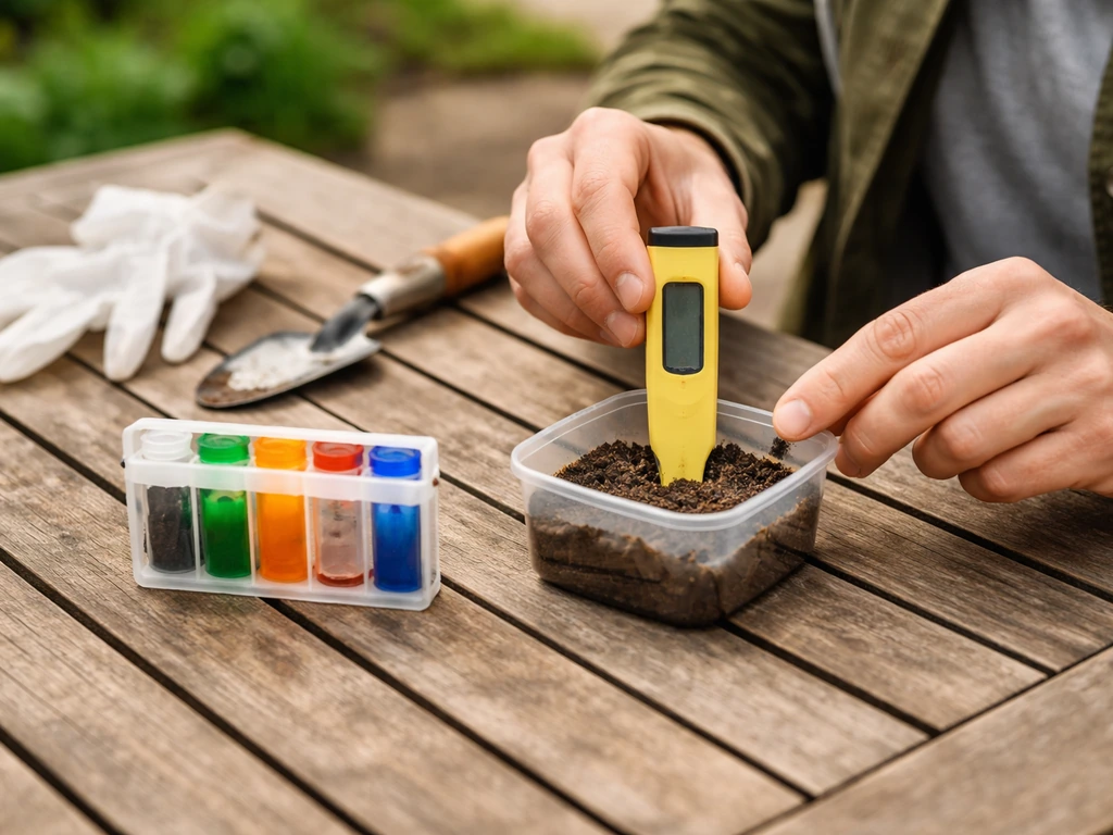 Hand met pH-meter naast grondtestkit en een klein bakje met bodemmonster op een tuintafel.