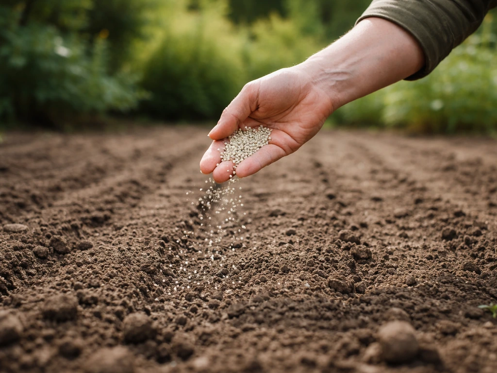 Hand met zaadkorrels en startmestkorrels die worden gestrooid over een net aangeharkt zaaibed in de tuin