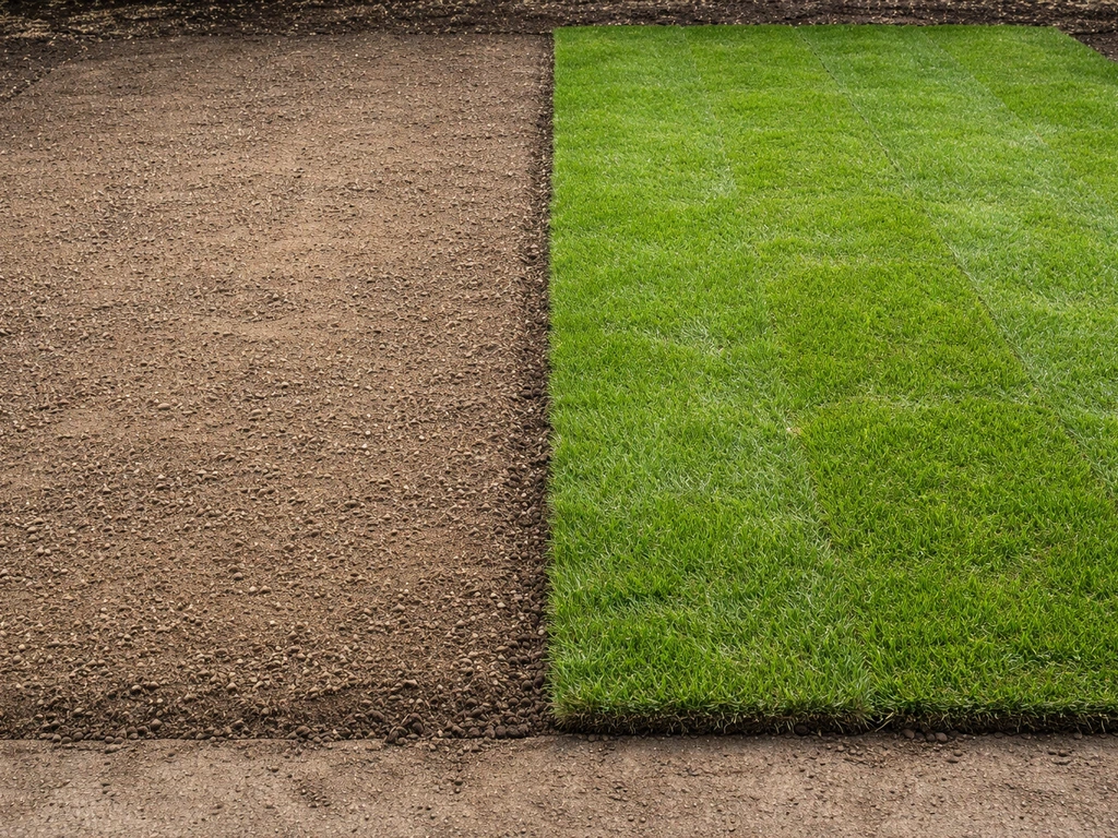 Links gezaaid graszaad en rechts uitgerolde graszoden in twee naast elkaar voorbereide vakken in de tuin.