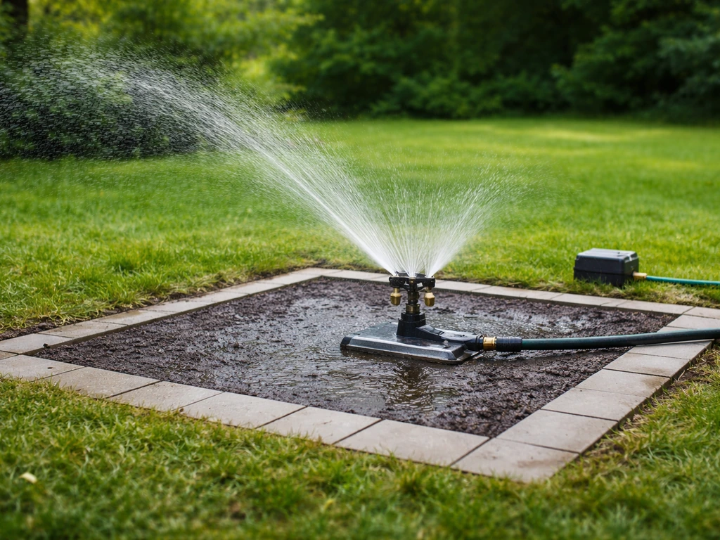 Een actieve sprinkler sproeit water op een afgebakend proefvlak met doorweekte grond in de tuin.