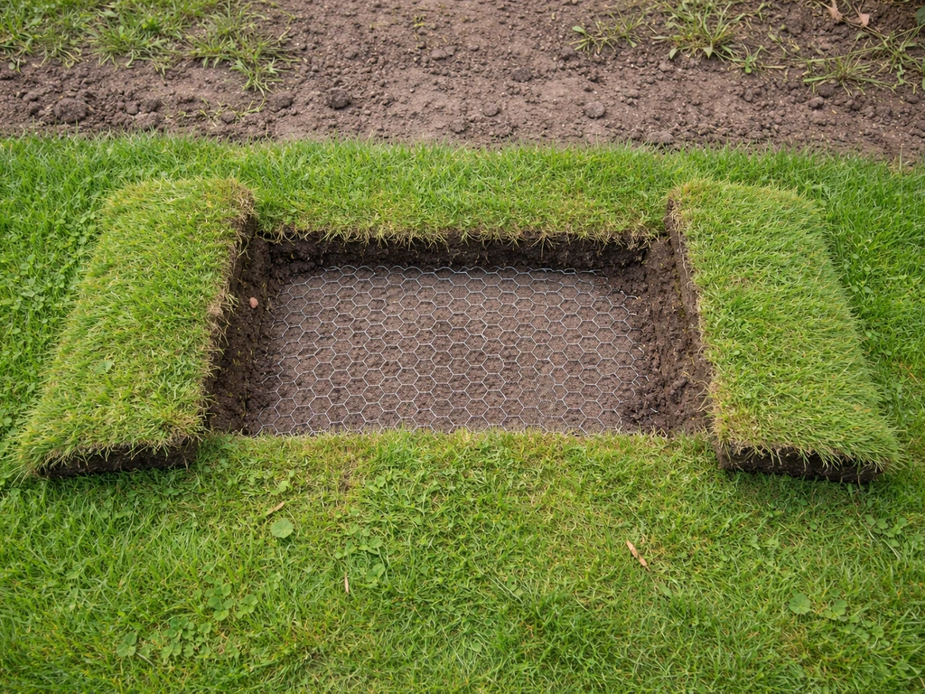 Bovenaanzicht van gazon met een opengegraven plek waar kippengaas onder het gras zichtbaar is.