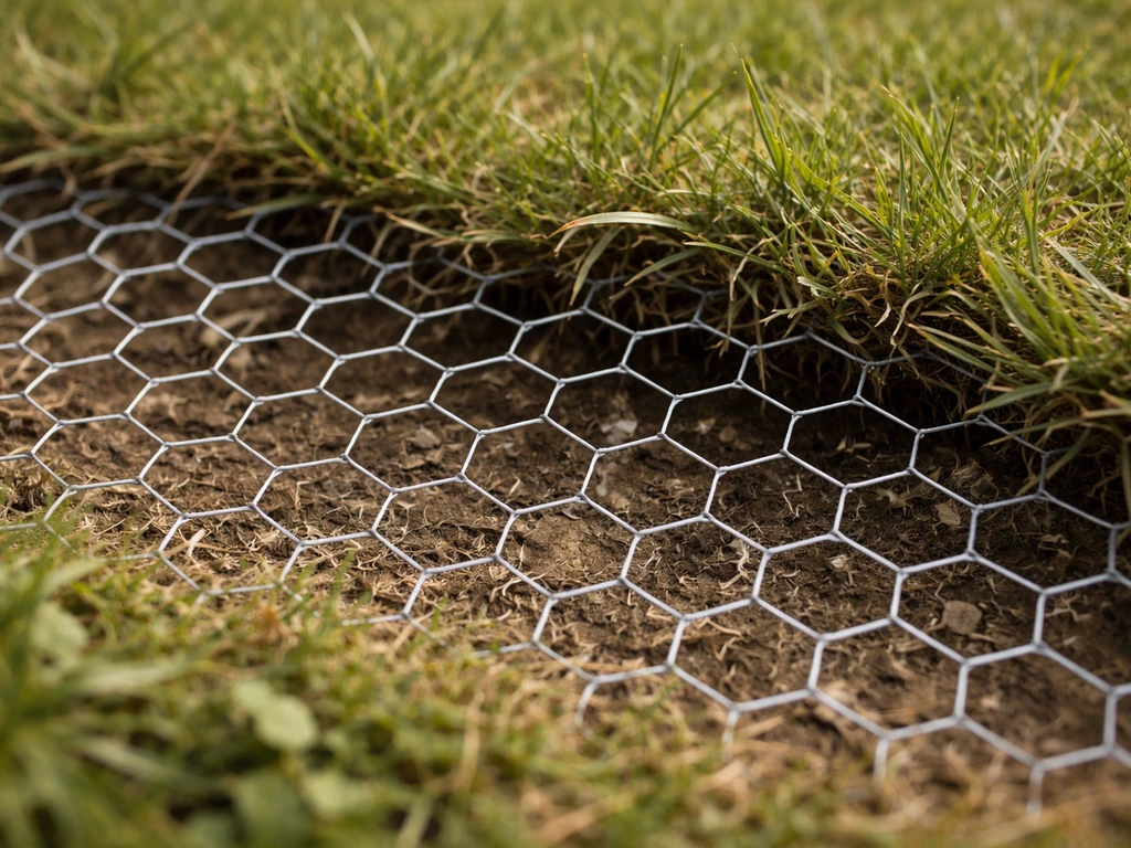 Close-up van zeskantig, verzinkt kippengaas onder kort gras met zichtbare maaswijdte