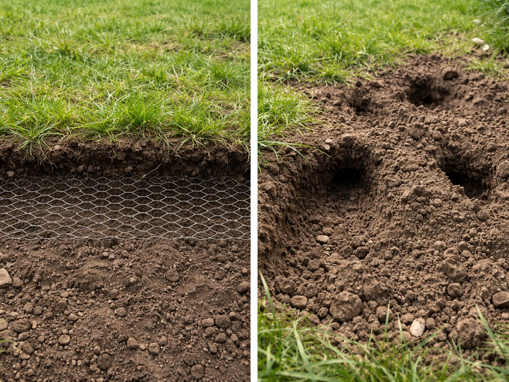 Links ingegraven kippengaas onder gras, rechts open woelmuizen-/mollengangen zonder barrière in dezelfde bodem.