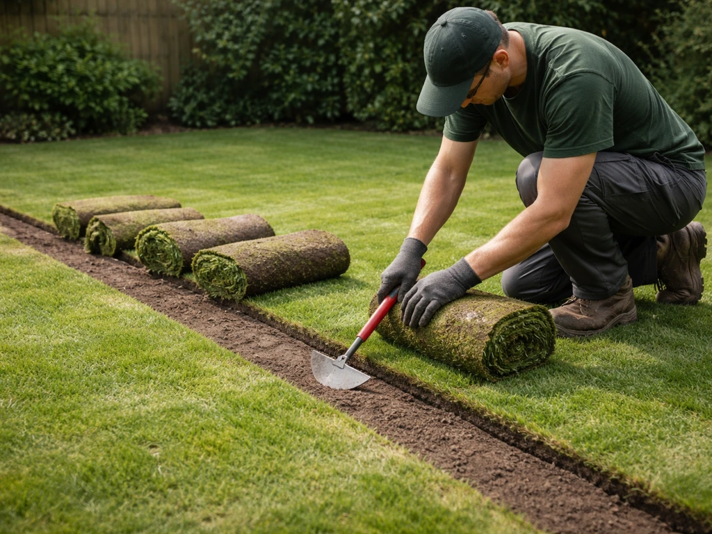 Tuinwerker steekt graszoden af langs gemarkeerde rand en rolt ze op na het markeren