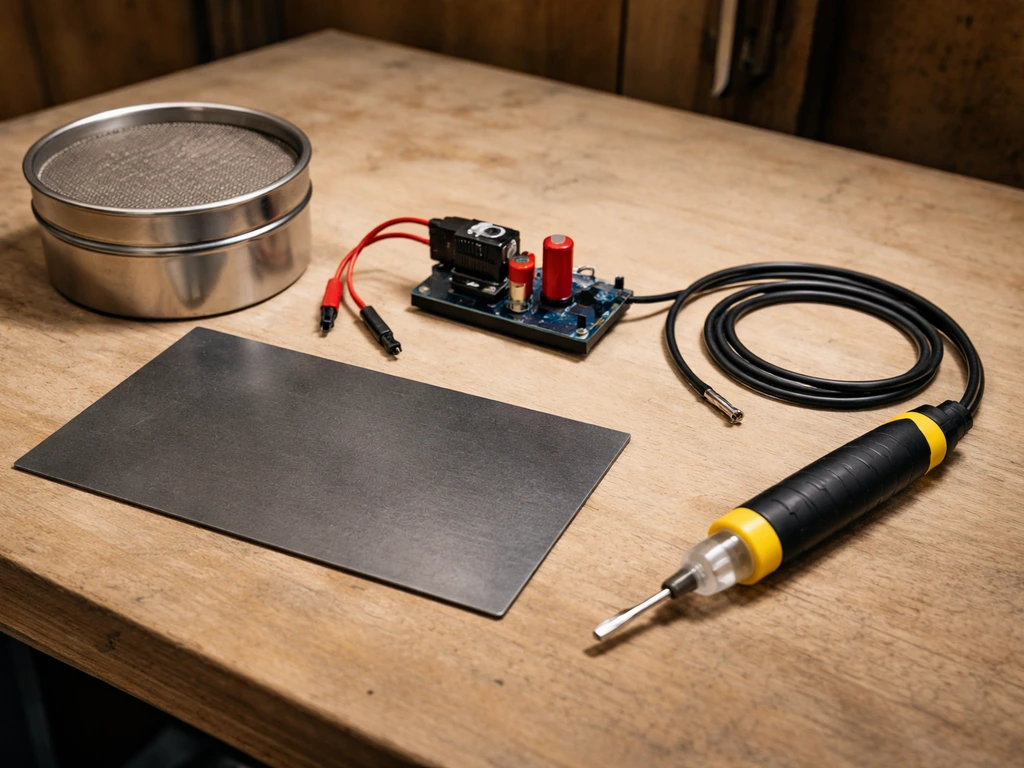 Onderdelen voor een zelfgemaakte statische gras-applicator op een werkbank: HV-module, geperforeerde metalen bak en isol