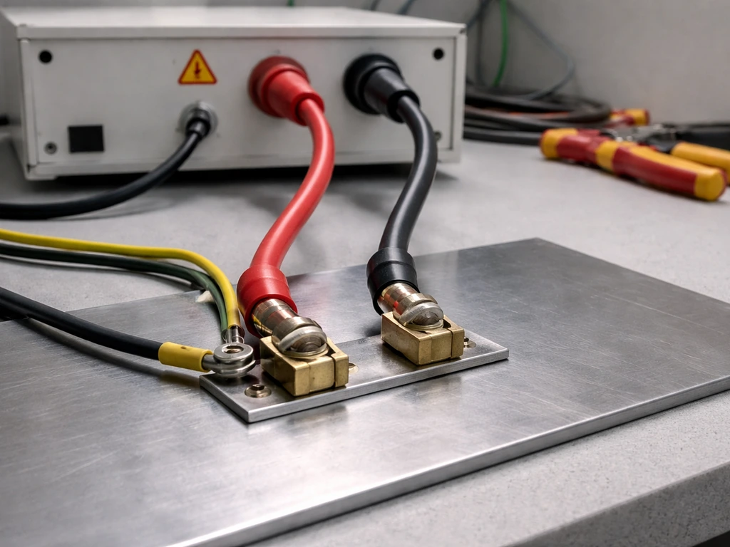 Close-up van de aansluiting van een hoogspanningsgenerator op een geleidende metalen bodem met geïsoleerde bedrading.