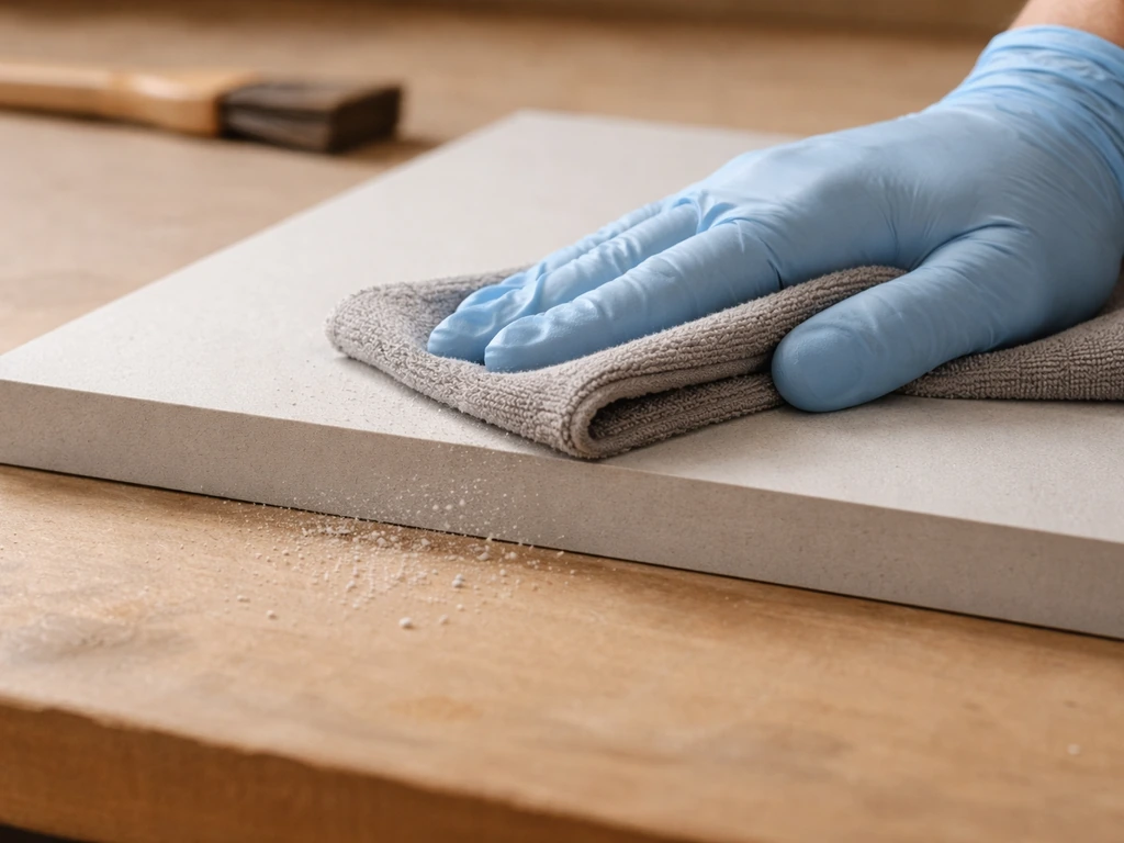 Close-up van het schoonmaken van een foam/karton ondergrond voor het aanbrengen van statisch gras.