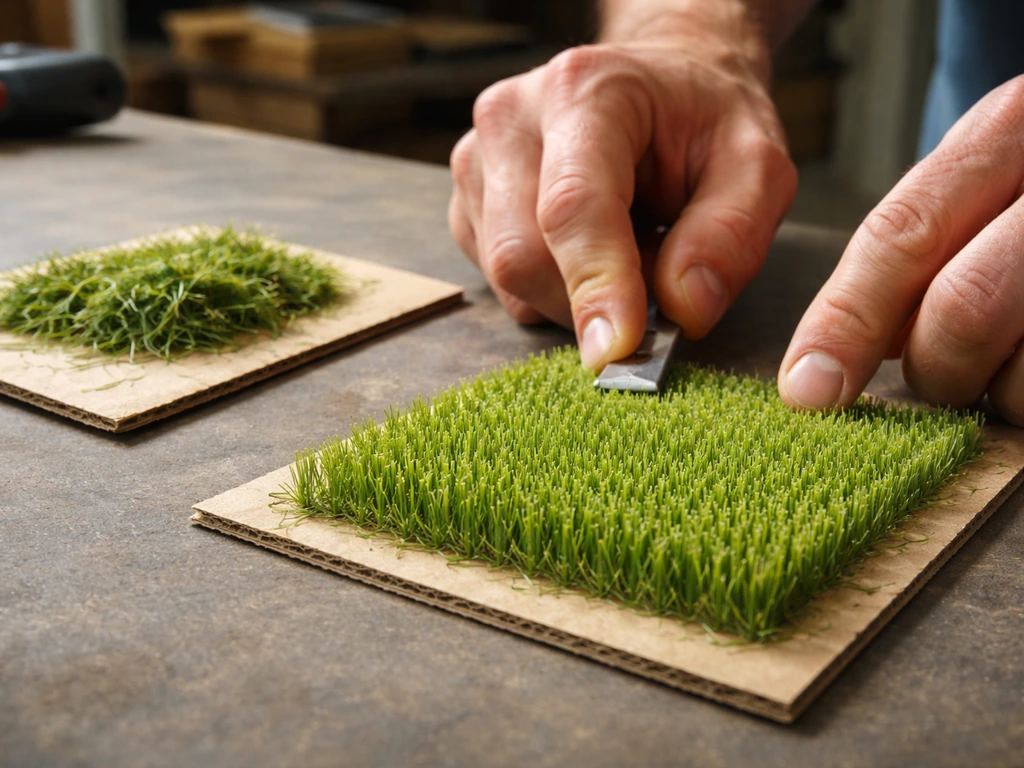 Hand test op karton met rechtop staande grasvezels, naast een foutvoorbeeld met klontering op een tweede proefstuk.
