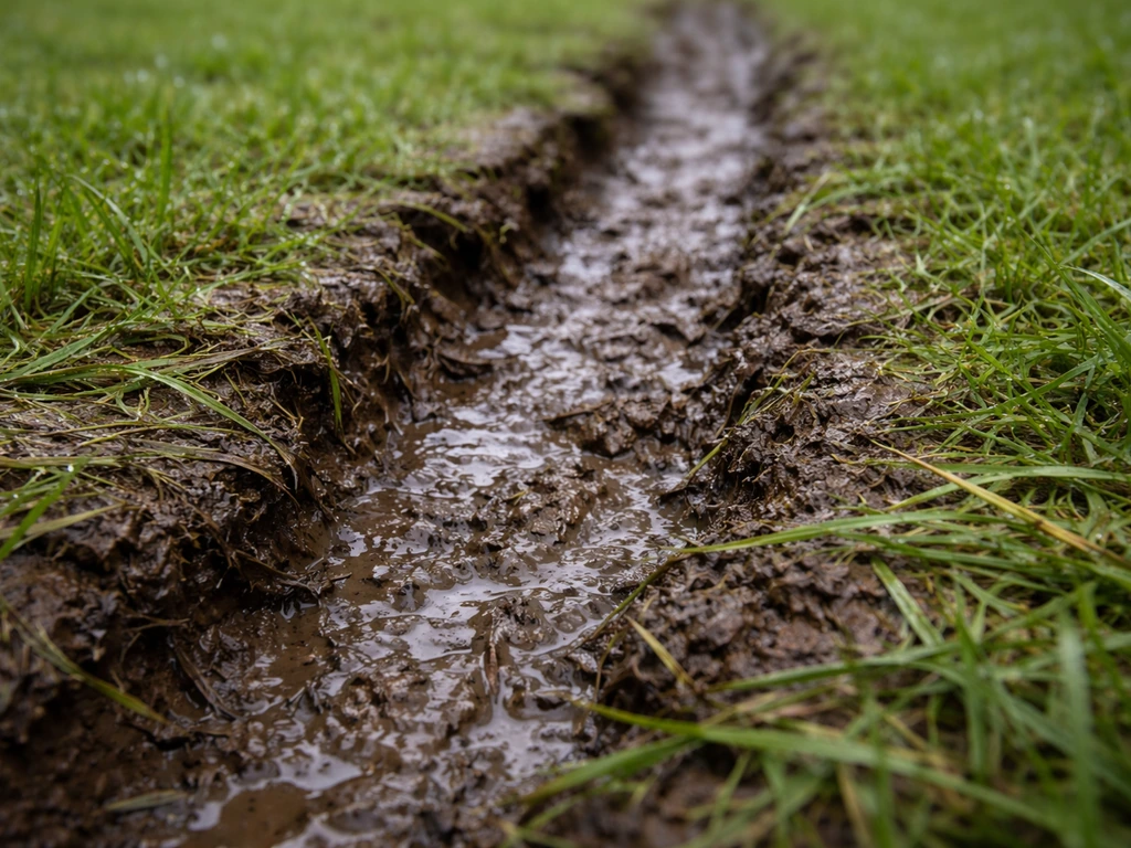 Close-up van natte, verdichte grasbodem met een duidelijk spoor/inkeping in de grond