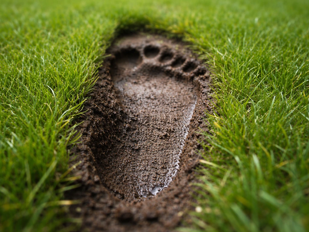 Voetafdruk in natte, zachte grasgrond met zichtbare diepte en textuur van het gazon