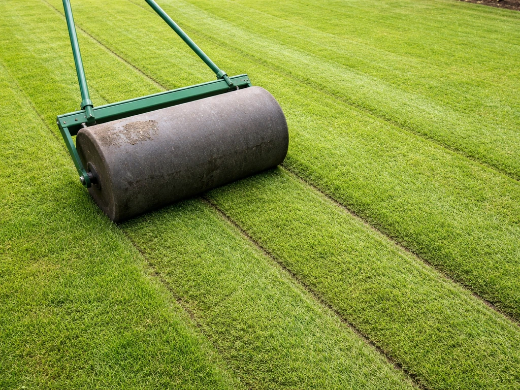 Bovenaanzicht van een lichte tuinrol die rechte, overlappende banen maakt op een gazon, in natuurlijk daglicht.