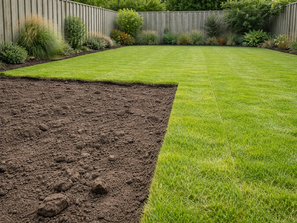 Tuin met afgegraven strook, voorbereide bodem en nieuwe graszoden naast het vervangen van bestaand gras.