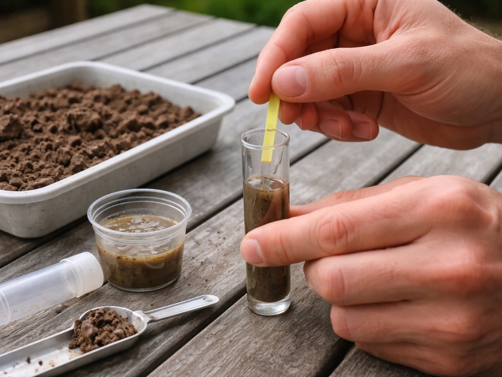 Hand met pH-teststrip en grondmonster in een kleine bak op tafel, tuinwerktuigensfeer