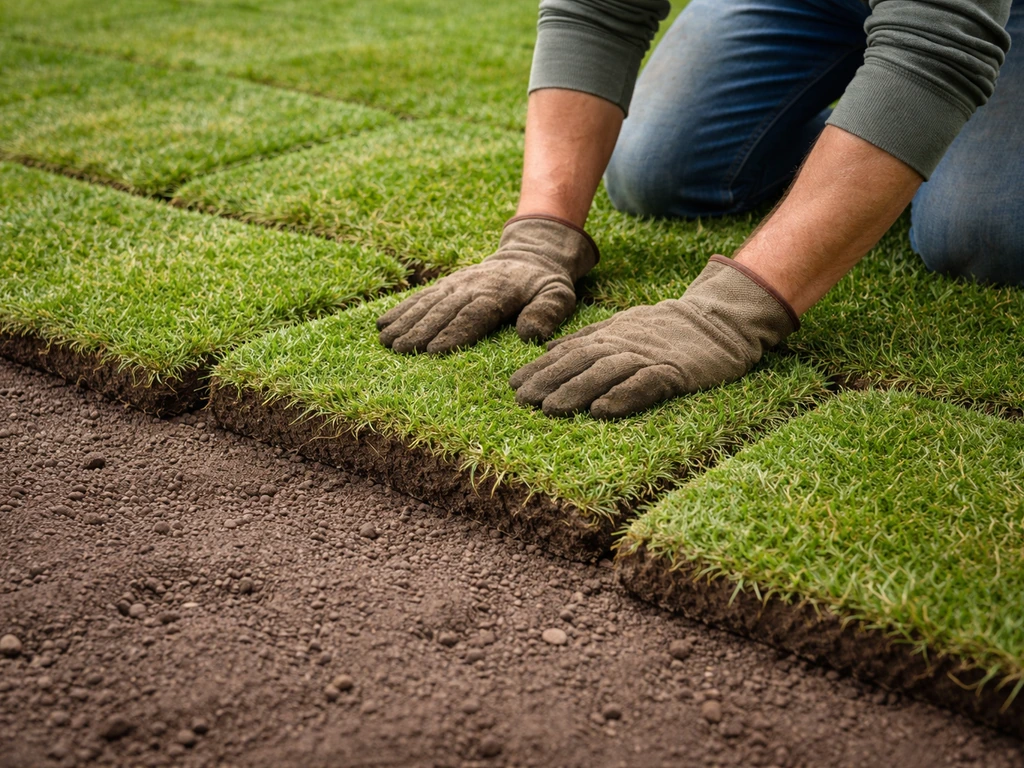 Handen die graszoden in lopend verband strak naast elkaar aandrukken op een vochtige, geëgaliseerde ondergrond.