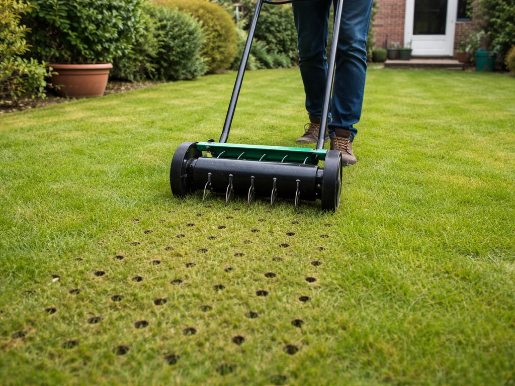 Beluchtingsapparaat prikt gaatjes in een grasmat, met zichtbare priksporen voor betere lucht en water.