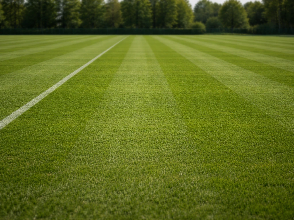 Strak gemaaid Nederlands voetbalveld met egale grasmat en duidelijke maaipatroonstrepen