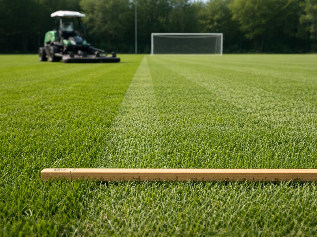 Maaimachine op een voetbalveld met zichtbare referentielijn om maaihoogte rond 30–40 mm te tonen.