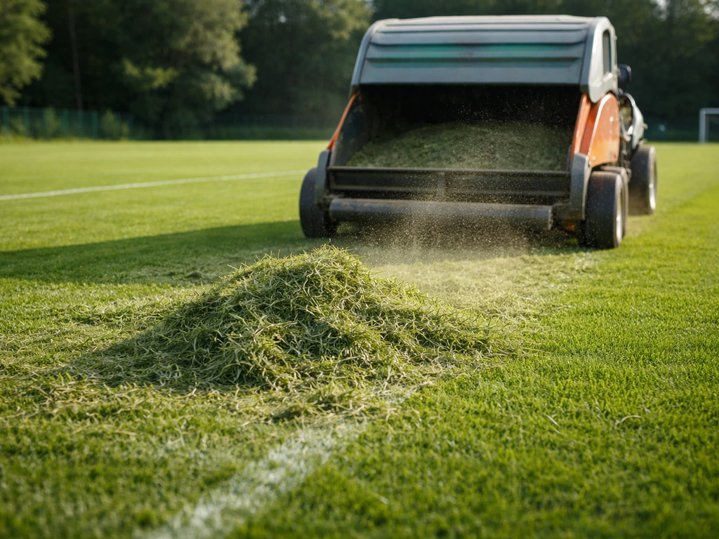 Voetbalveld met veegmachine die maaisel opvangt na het maaien, duidelijk zichtbaar grasresten opvangen.