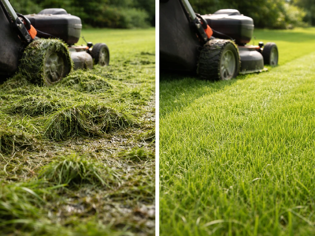 Twee tegenover elkaar liggende maai-situaties: nat, plakkend gras en droog, rechtop staand gras bij een grasmaaier.