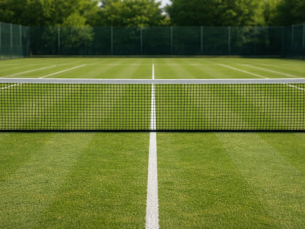 Egal en dicht tennisbaan gras met zicht op een onbespeelde baan in daglicht, klaar voor onderhoud en aanleg.
