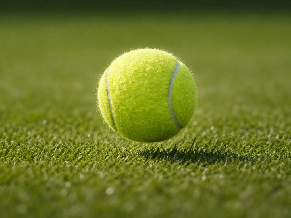 Tennisbal stuitert laag op strak gemaaid gras van een tennisbaan, snelle en speelse sfeer.