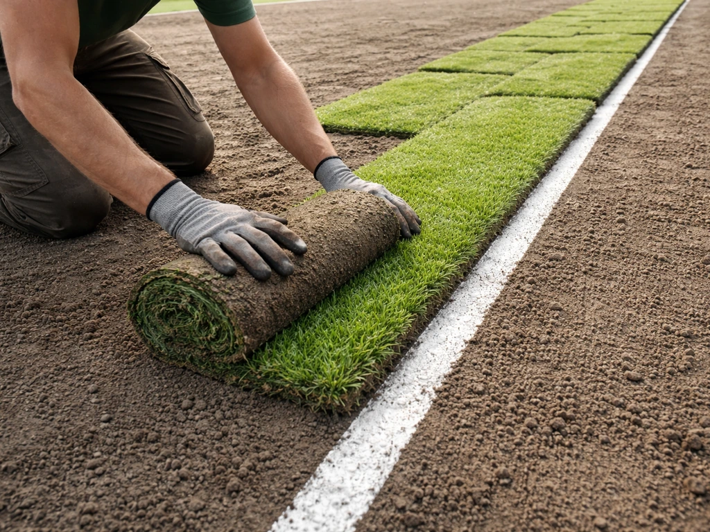 Graszoden strak langs een rechte tennisbaanrand gelegd op een licht vochtige ondergrond.