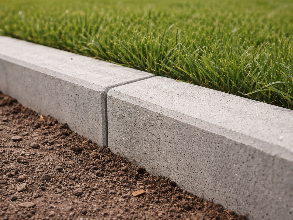Close-up van een betonnen opsluitband langs een grasrand, met nette aansluiting en hoogte boven maaiveld.