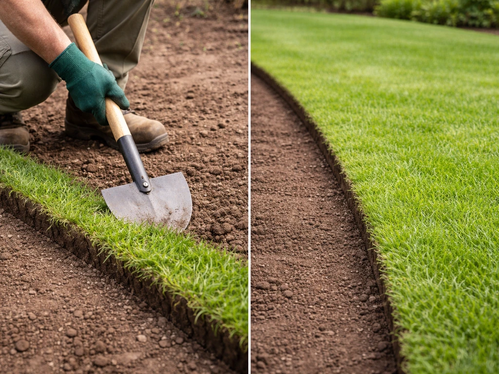 Close-up van een grasrandsteker die een rechte grasrand afsteekt voor een strakke tuinbegrenzing.