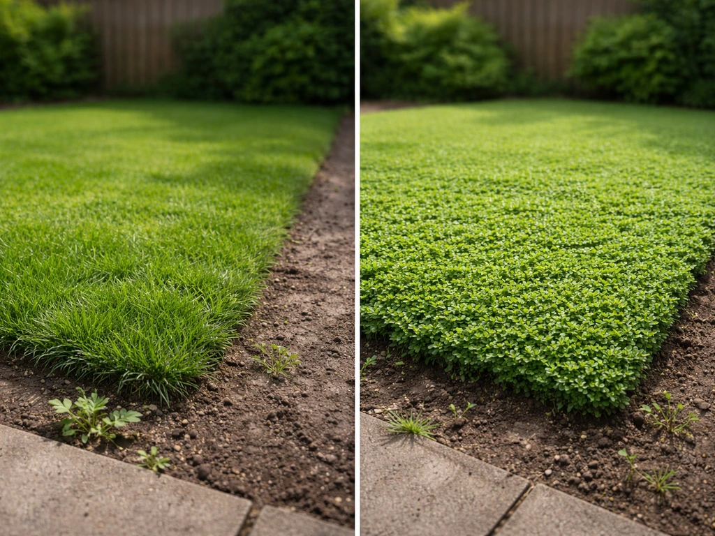 Tuin waar gras is vervangen door een dichte bodembedekkende beplanting, met duidelijke randen en bodem zichtbaar.