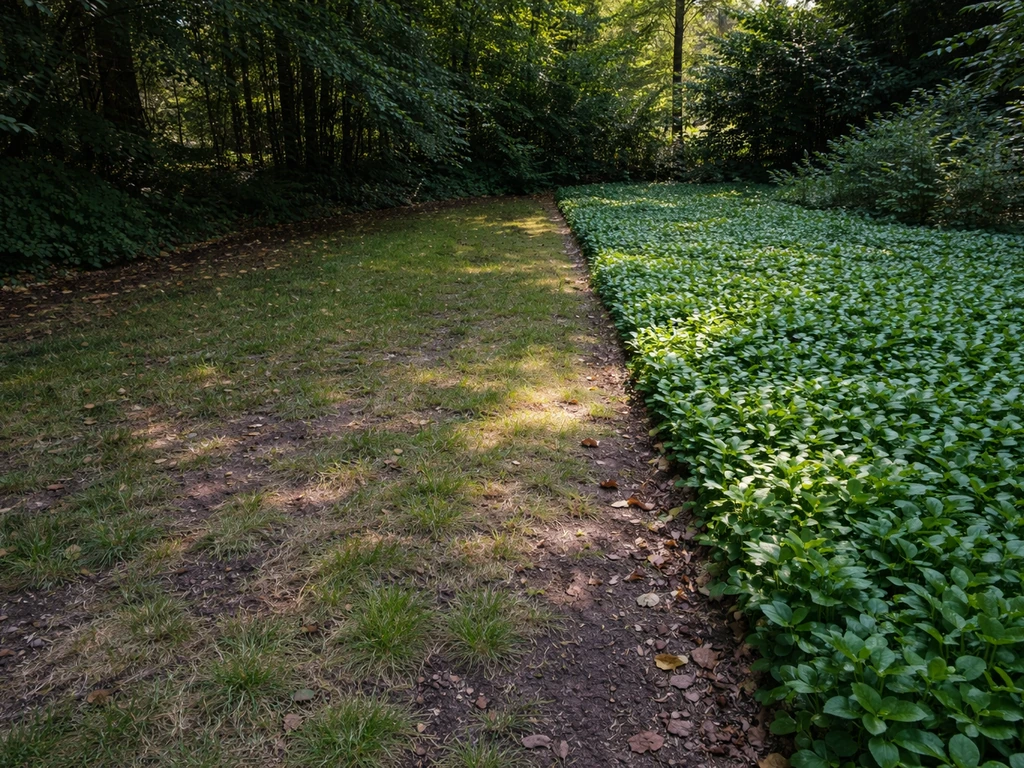 Schaduwrijke boomrand waar gras slecht groeit, met naastgelegen bodembedekker die goed aanslaat.
