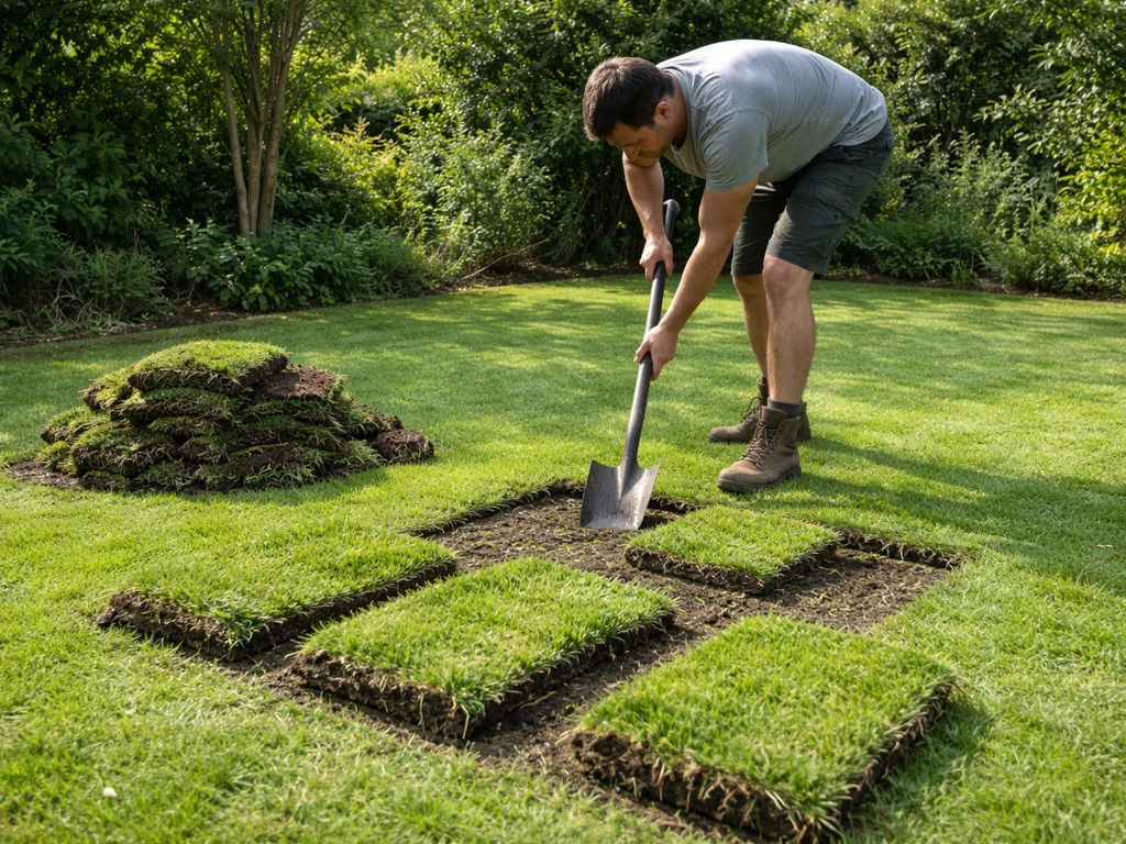 Tuinmanieur graszoden losgestoken met graszodensteker, grasmatten te verwijderen, eenvoudige tuinbodem